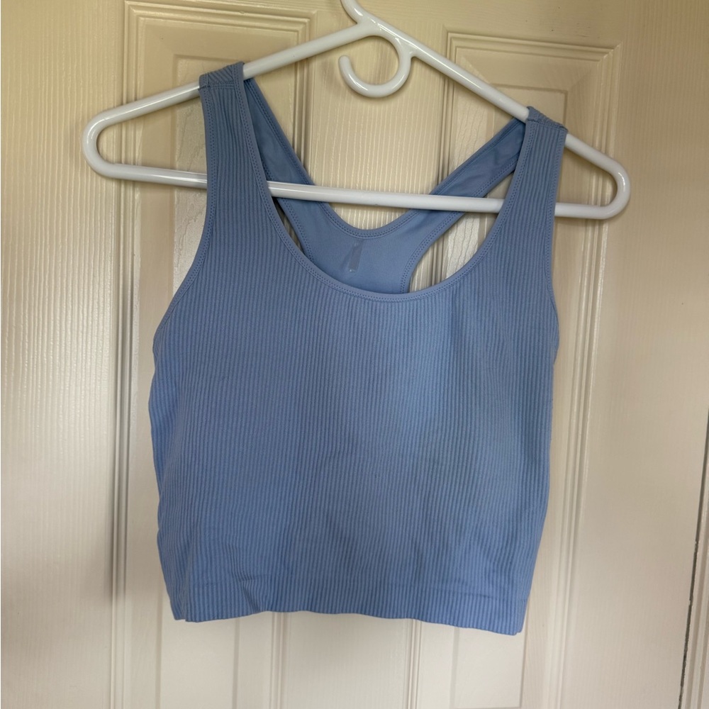Women's Blue Ribbed Workout Tank. Built in Bra